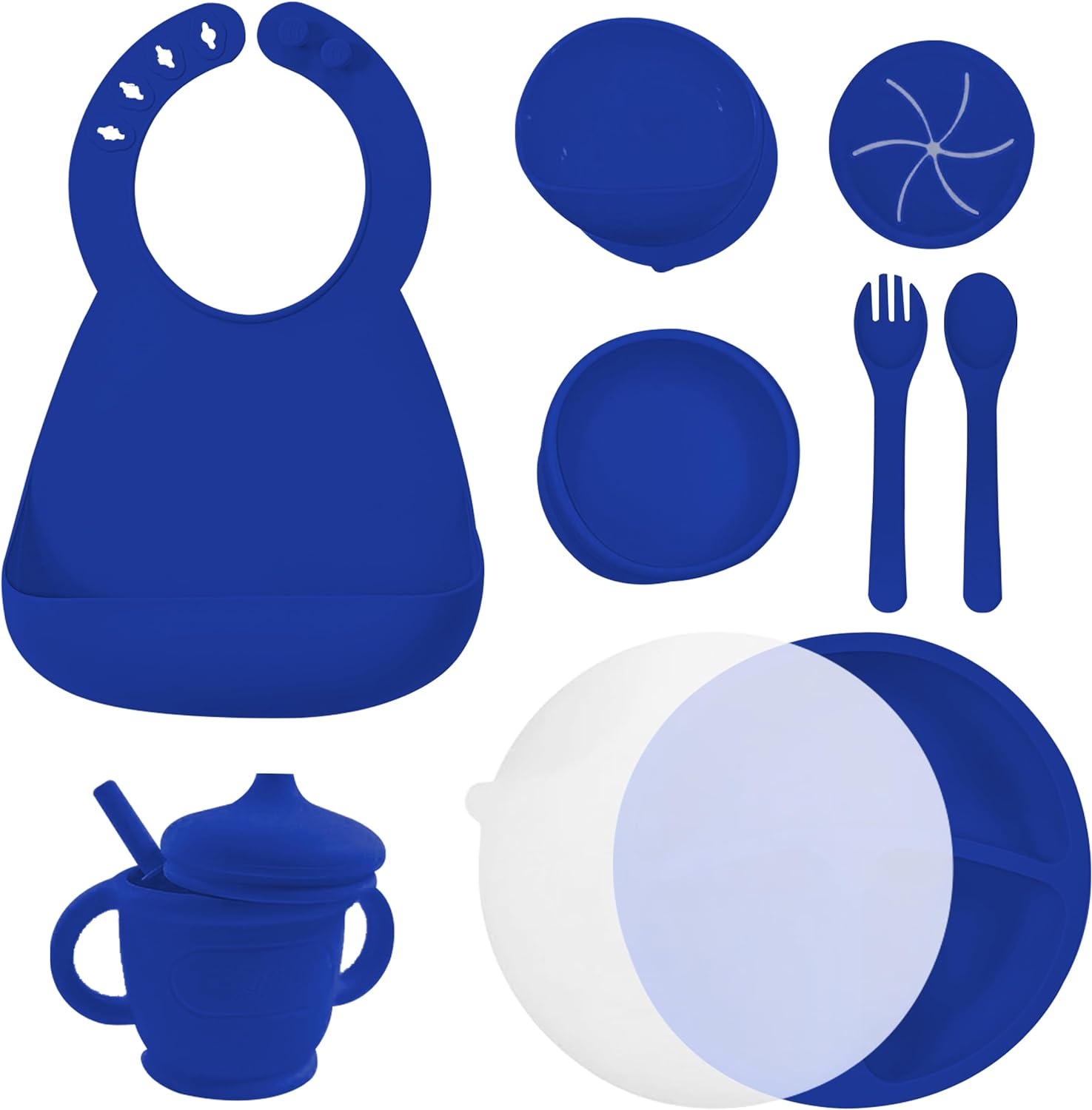 Complete Silicone Baby Feeding Set - BPA-Free Suction Plates & Bibs (Blue Perennial)
