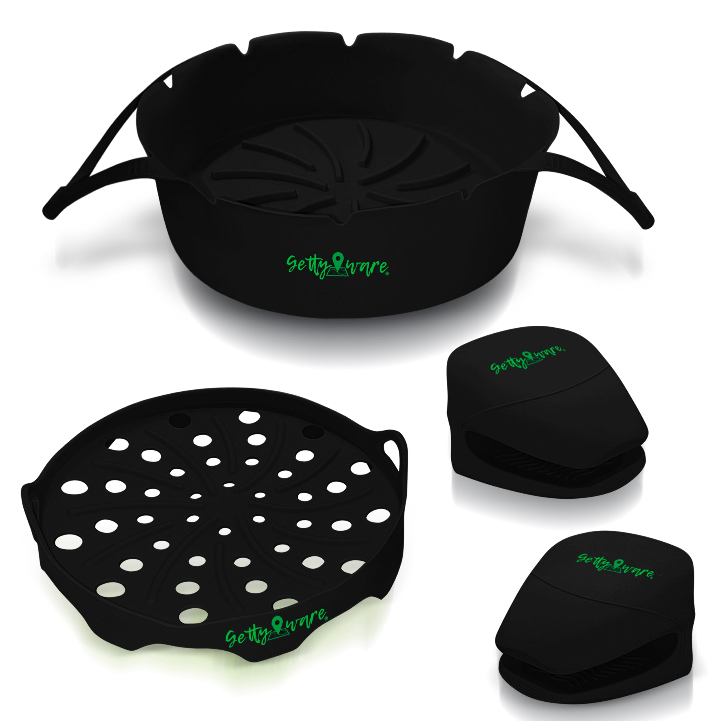 Gettyware Premium Silicone Air Fryer Liners - Heat-Resistant, Reusable, Non-Stick Airfryer Pots with Safety Handles - Includes Oil Mat & Heat-Proof Gloves - Fits Ovens, Microwaves - Round, Black