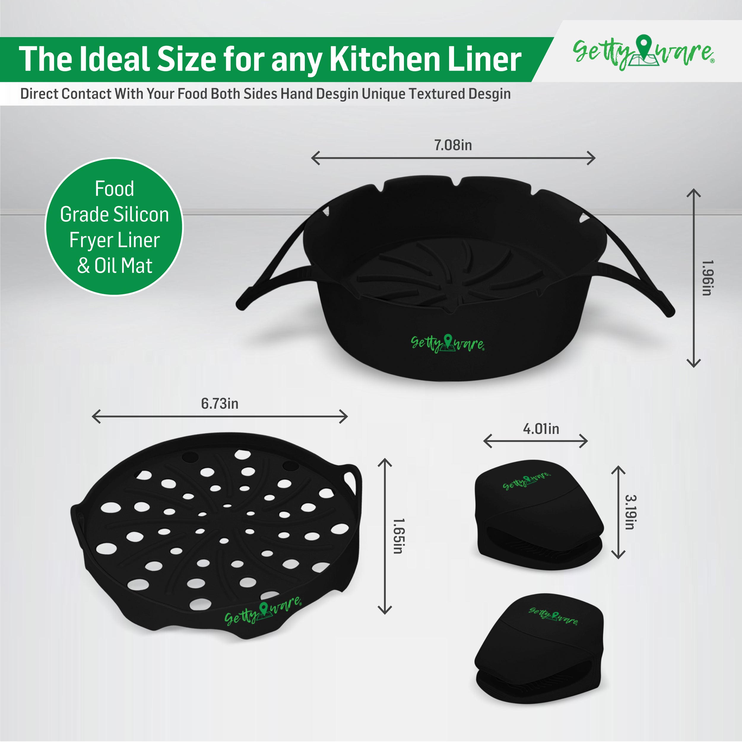 Gettyware Premium Silicone Air Fryer Liners - Heat-Resistant, Reusable, Non-Stick Airfryer Pots with Safety Handles - Includes Oil Mat & Heat-Proof Gloves - Fits Ovens, Microwaves - Round, Black