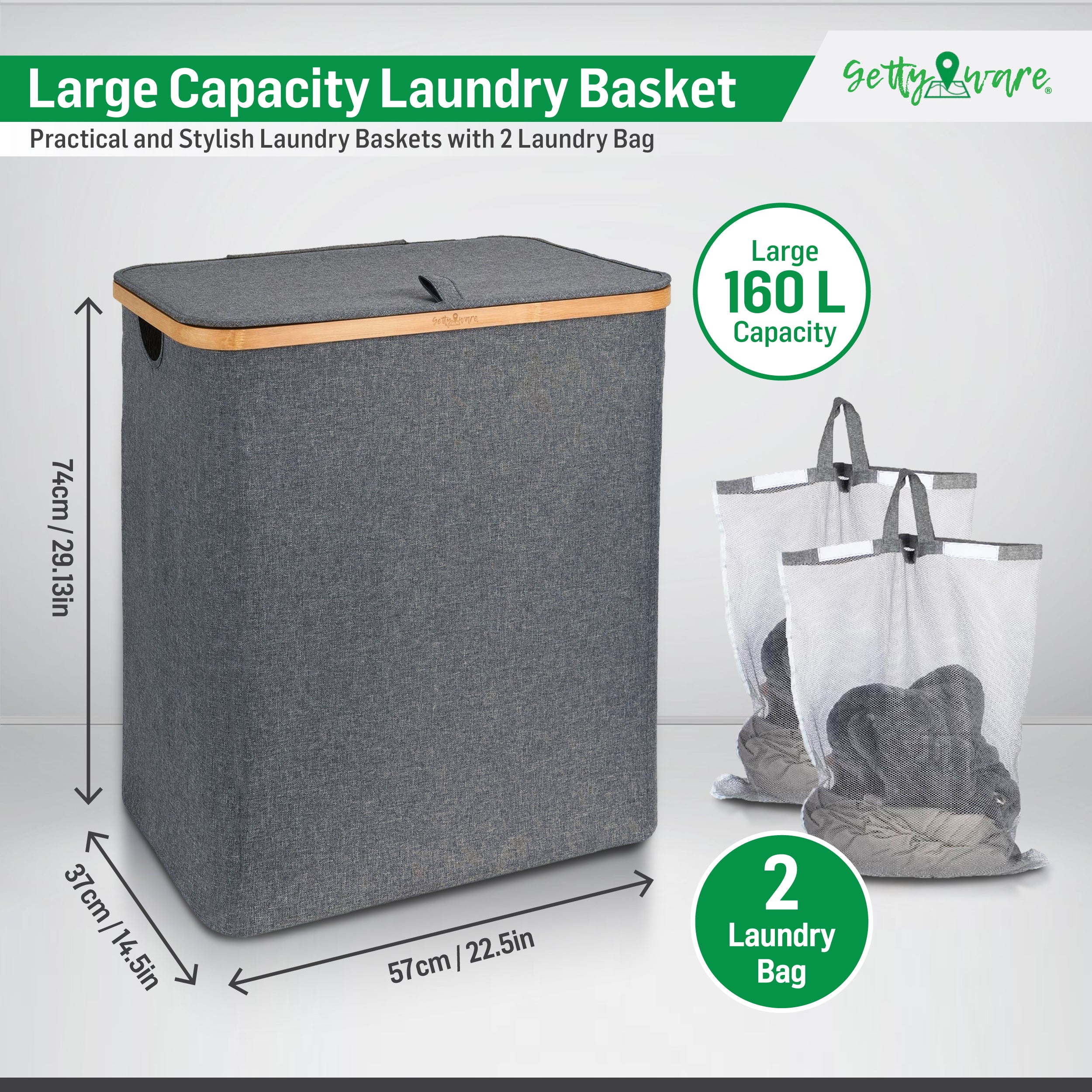 Gettyware 140L Collapsible Laundry Basket with Lid – Large Dirty Clothes Hamper for Household Essentials – Functional Bedroom Accessory and Laundry Room Decor