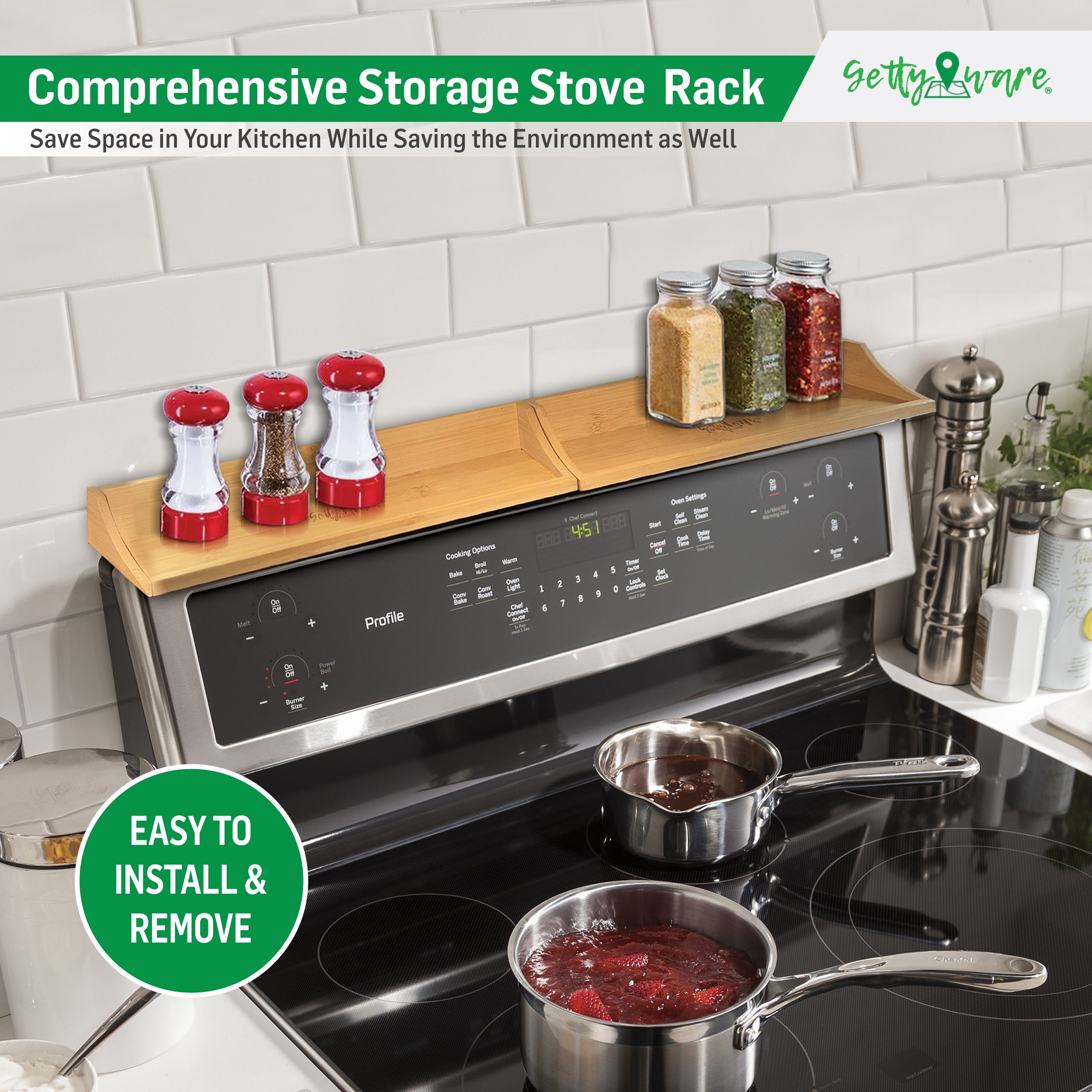 Gettyware 2-Pack Bamboo Magnetic Stove Top Shelf - Eco-Friendly Kitchen Storage Organizer, 15" x 4" Seasoning & Spice Rack